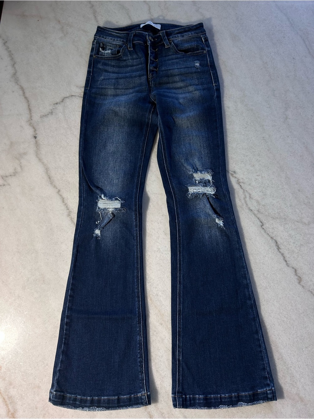 KanCan Dark Blue Distressed Flare Jeans - Picture 1 of 5